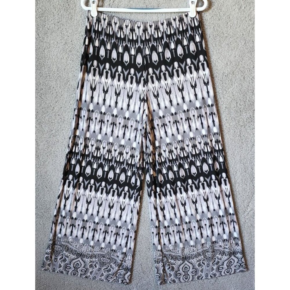 One World Women's Elastic Waist Pull On Casual Pants‎ Wide Leg Black/Gray Size M